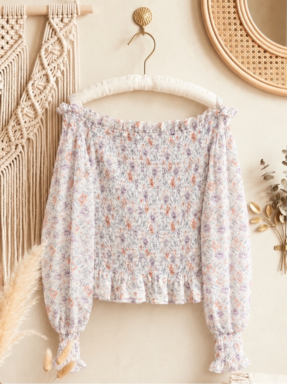 1.State Off the Shoulder Smocked Floral Long Sleeve Blouse
